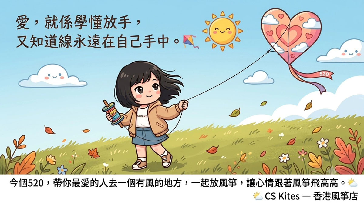 情侶在香港戶外放風箏，藍天白雲，浪漫情人節約會