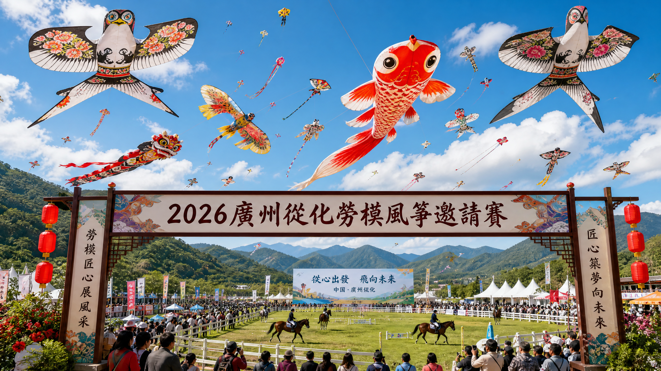 2026廣州從化勞模風箏邀請賽現場，天空飛滿各式風箏，下方有馬術表演