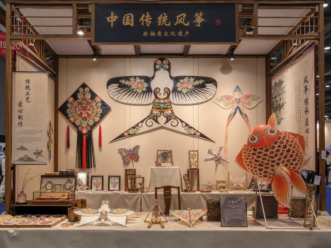 廣州從化勞模風箏邀請賽的非遺風箏展覽攤位，展示精美傳統風箏