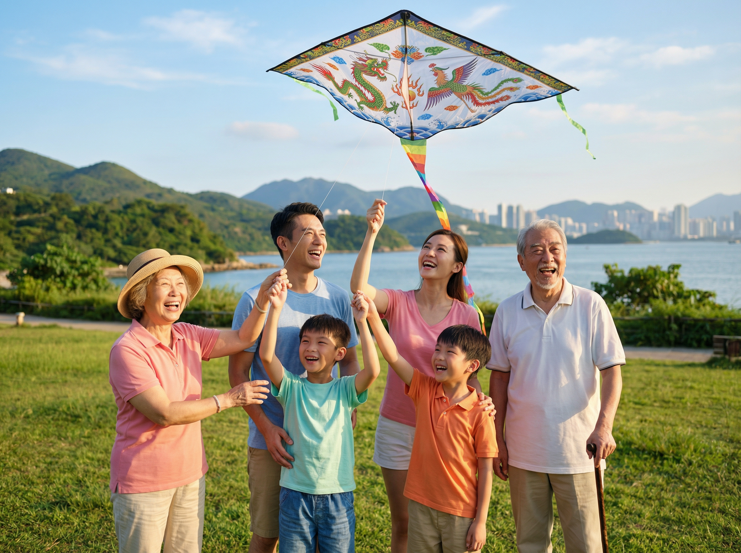 Family flying kite