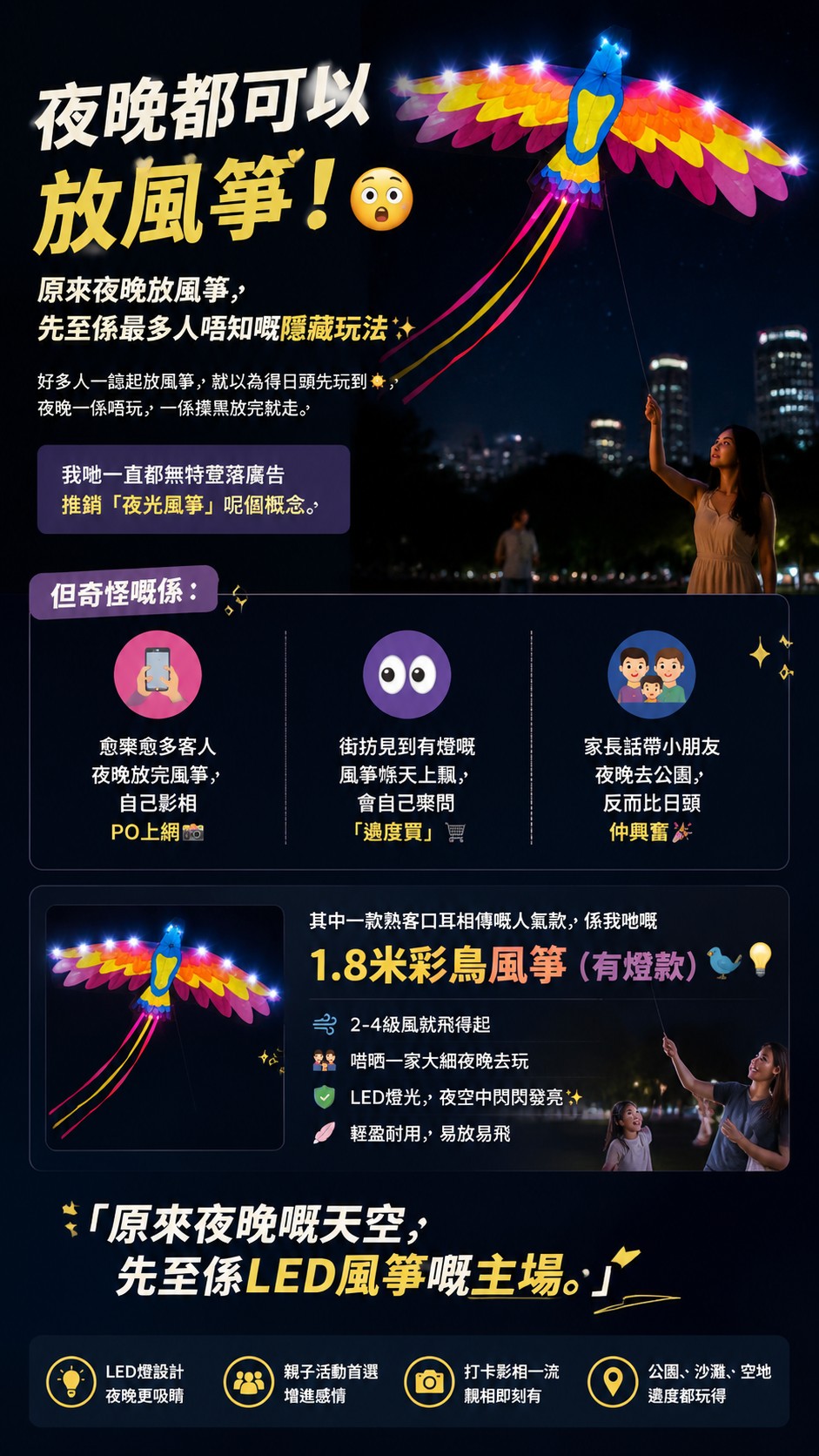 1.8米LED彩鳥風箏（有燈款）近拍，LED燈夜晚發光，一家大細啱玩